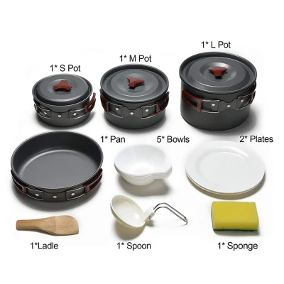 Factory Aluminum Pot Camping Frying Pan Outdoor 14-PCS Cookset Ultralight Stove Top for Family Travel